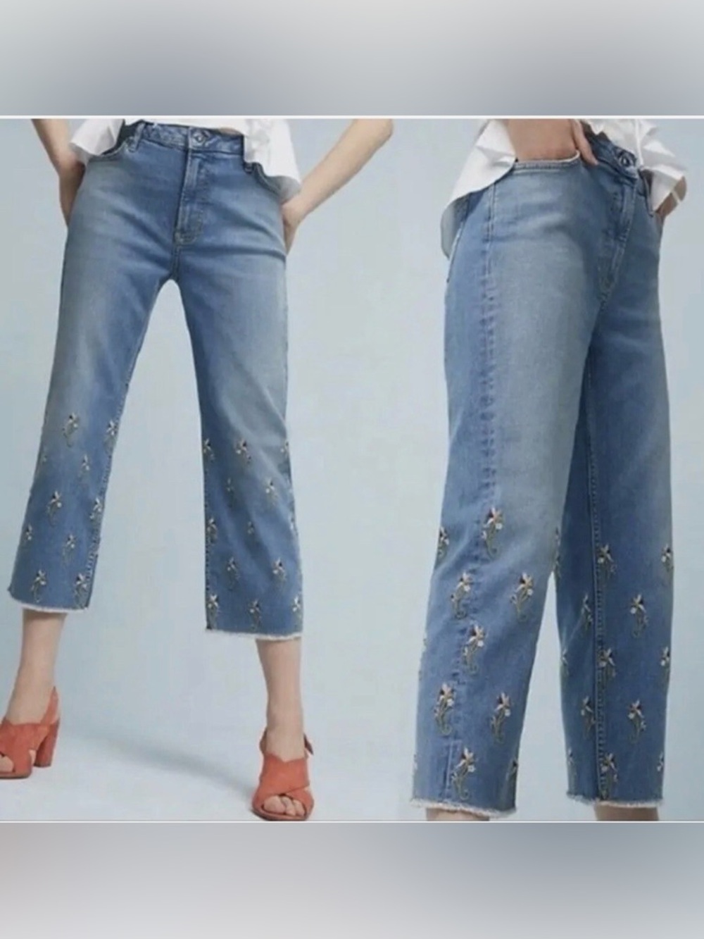 Pilcro and The Letterpress Light Blue Cropped Floral Flower Embroidered Jeans